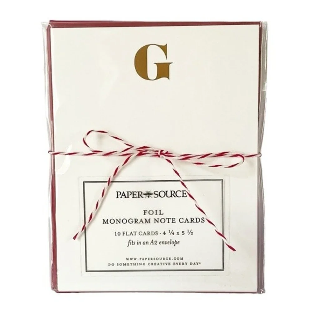 Monogram Notecard Set Gold Foil Print “G” White Card With Red Envelopes Set/10